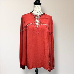Express M Maroon Lace Up Crochet Trim Boho Peasant Blouse Long Sleeve Festival